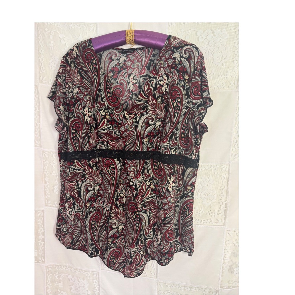 Y2K Whimsigoth Tan Red Paisley Lace Babydoll Assymetric Hem Blouse Women Size 3X